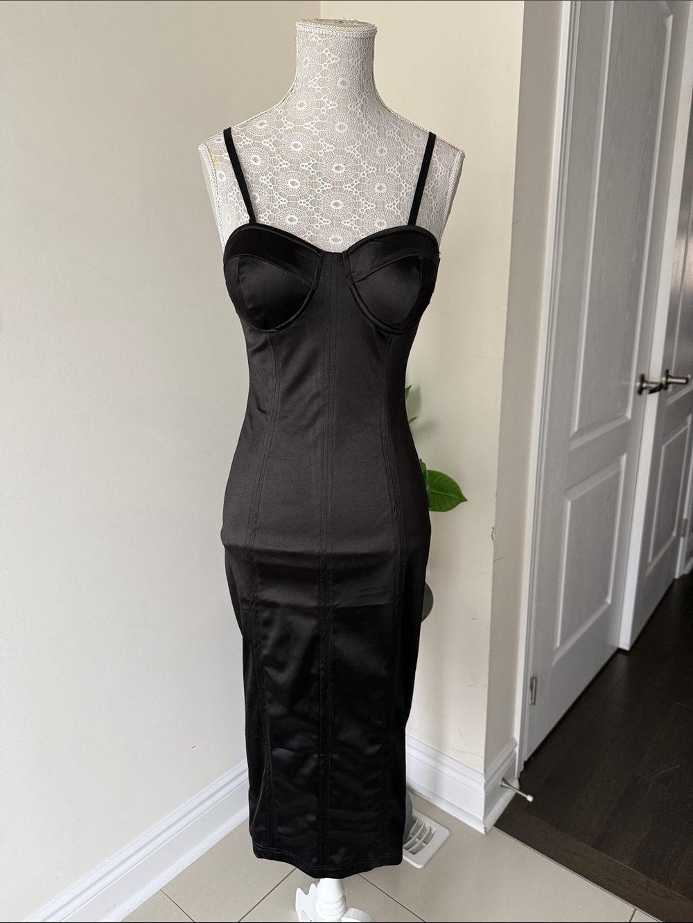 Sleek Black Midi Slip Dress with Built-In Cups